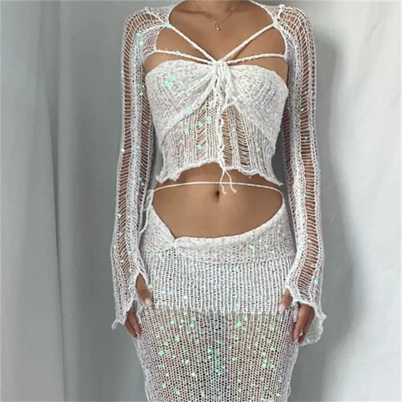 Sequins Knitted Two Piece Summer Set