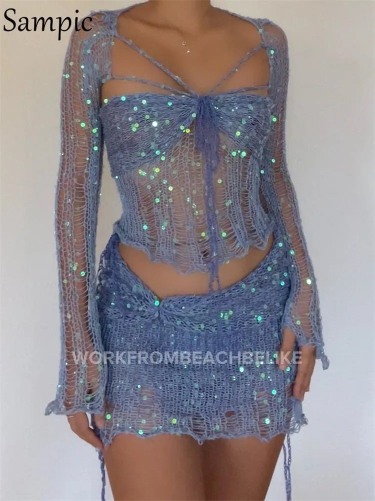 Sequins Knitted Two Piece Summer Set