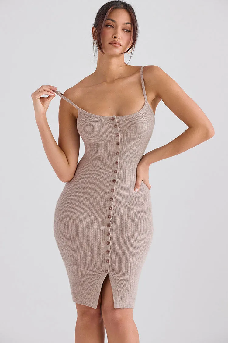 Sexy Scoop Neck Spaghetti Strap Button Down Sleeveless Knitted Midi Dress - Camel