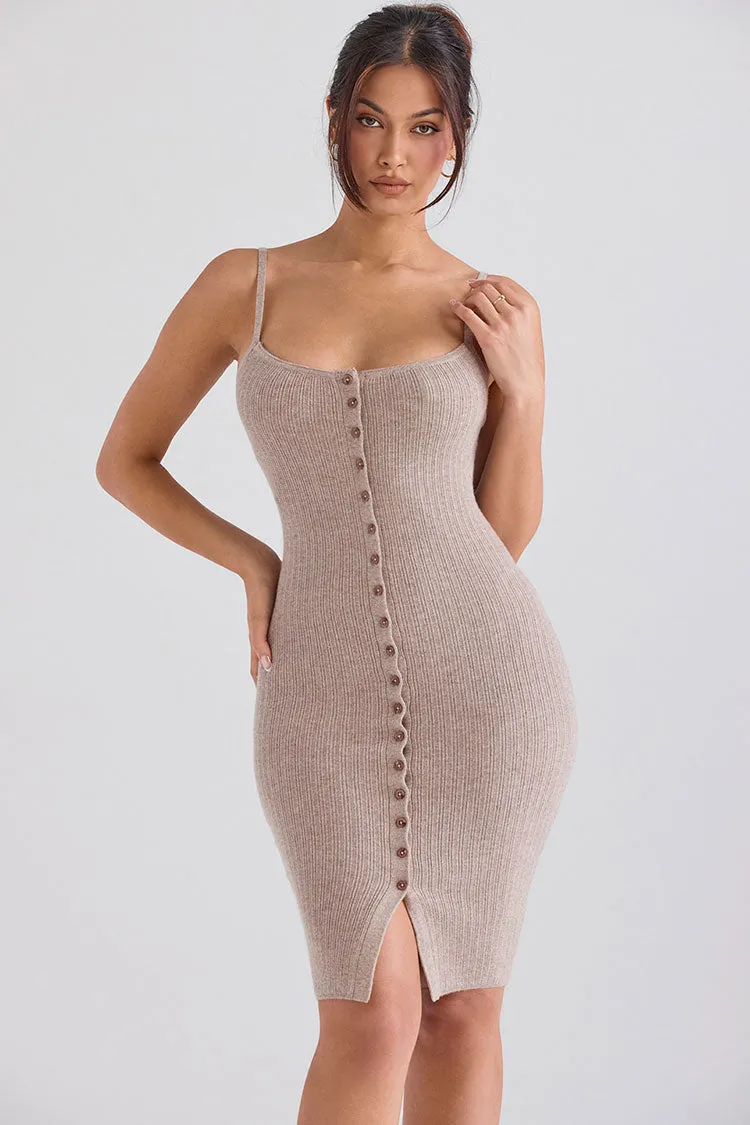 Sexy Scoop Neck Spaghetti Strap Button Down Sleeveless Knitted Midi Dress - Camel