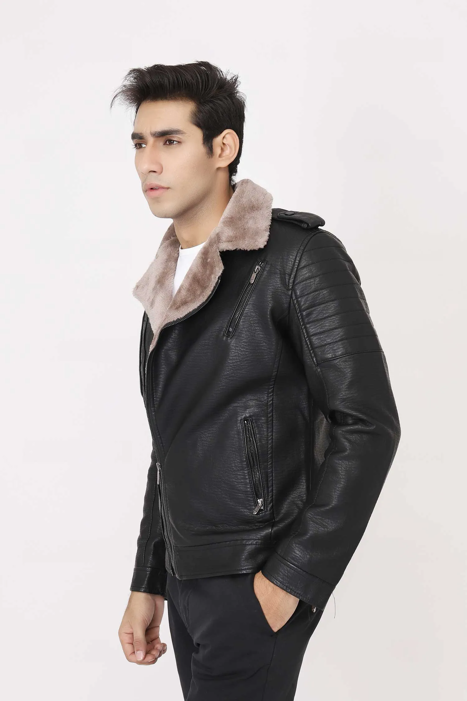 SHEARLING-LINED FAUX LEATHER BIKER JACKET-BLACK