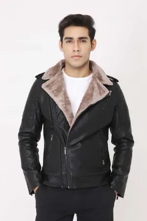 SHEARLING-LINED FAUX LEATHER BIKER JACKET-BLACK