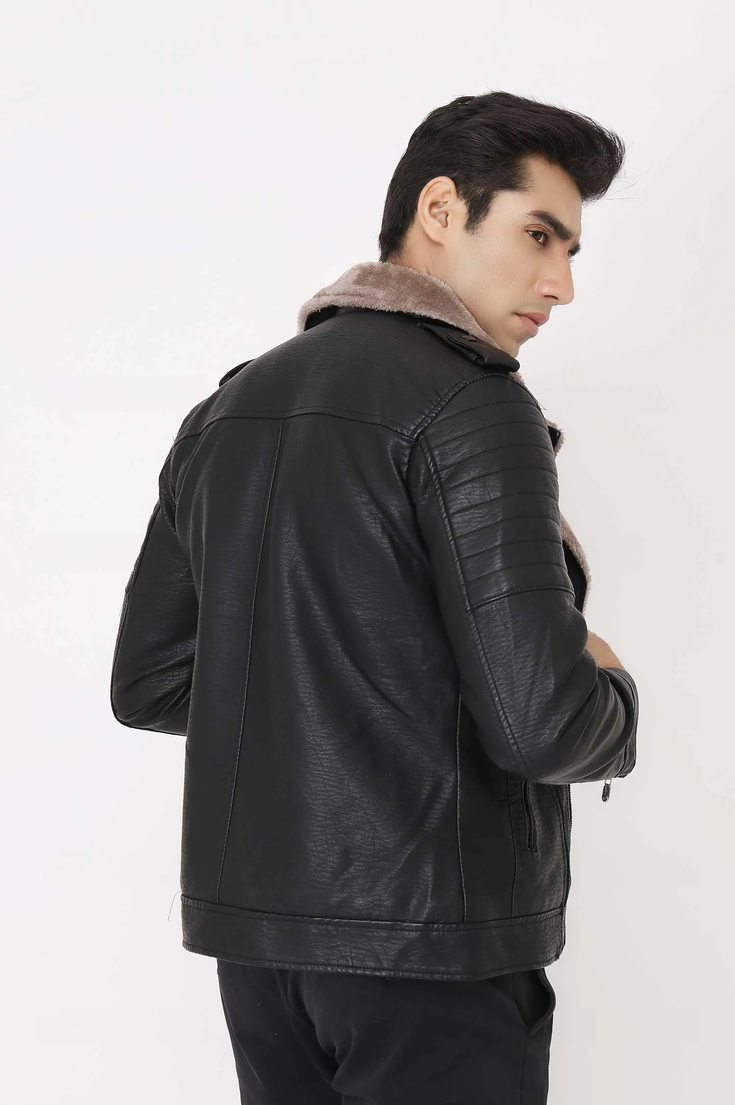 SHEARLING-LINED FAUX LEATHER BIKER JACKET-BLACK