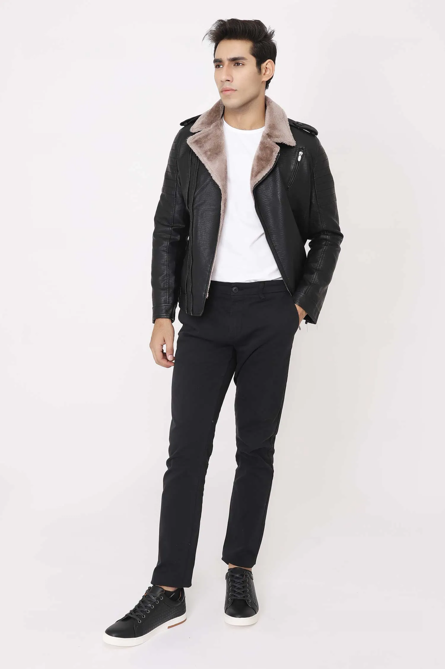 SHEARLING-LINED FAUX LEATHER BIKER JACKET-BLACK