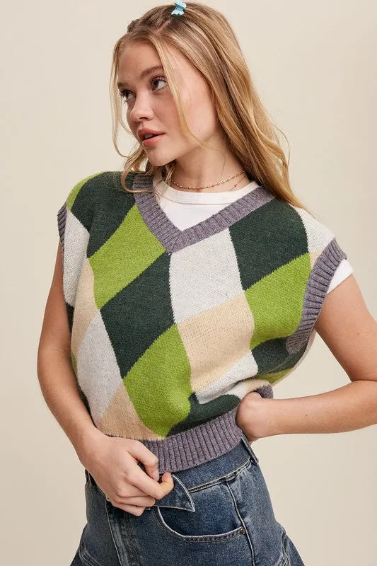 Sleeveless Argyle Cropped Sweater Vest