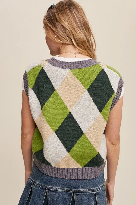 Sleeveless Argyle Cropped Sweater Vest