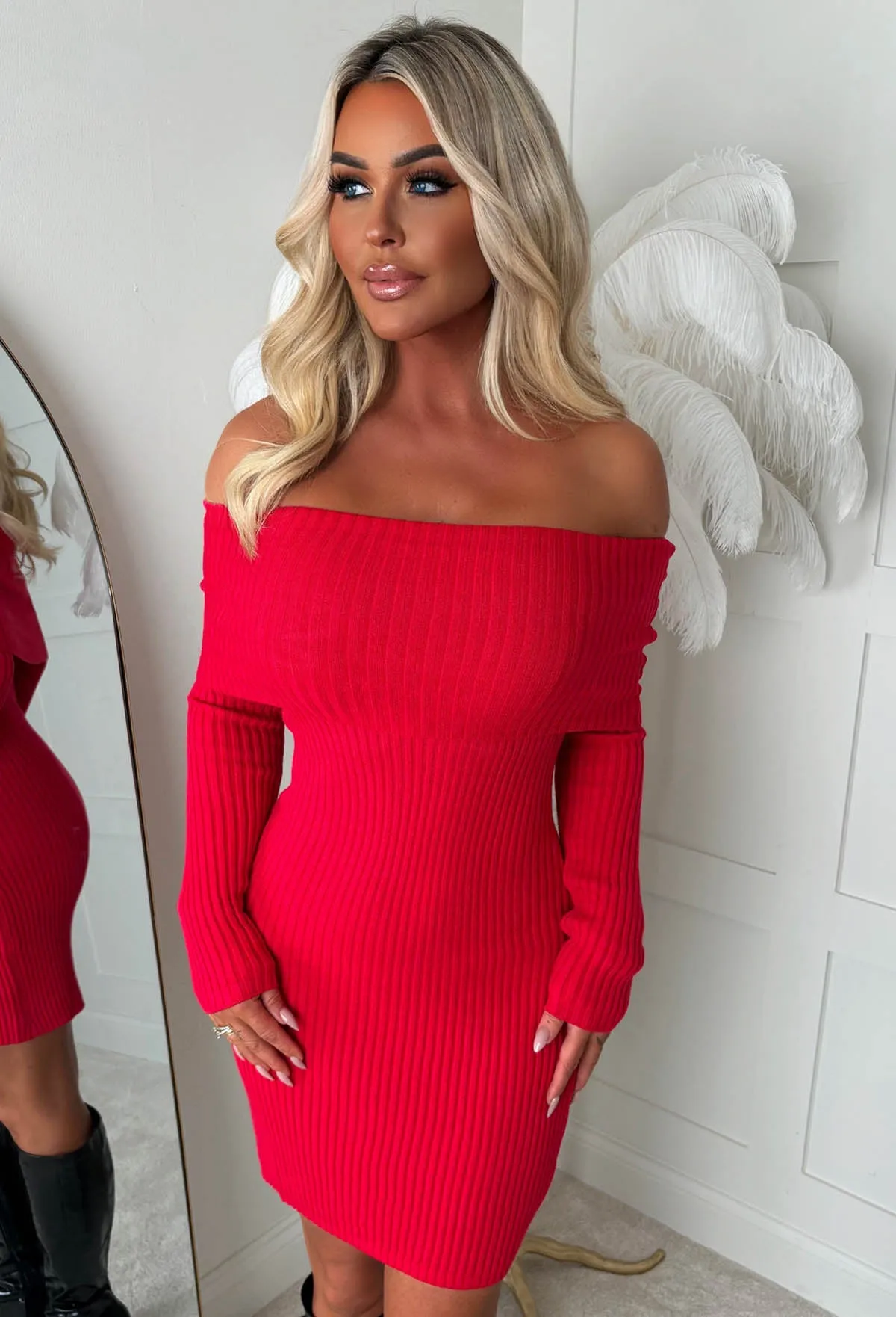 So Cosy Red Bardot Ultra Soft Knitted Dress