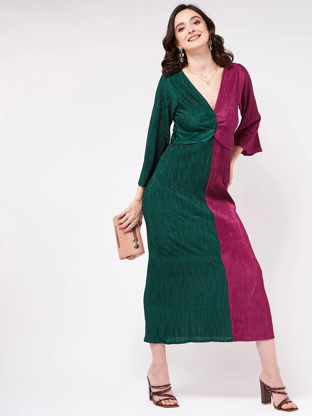 Solid Pleated Half N Half Color Blocking Maxi Dress