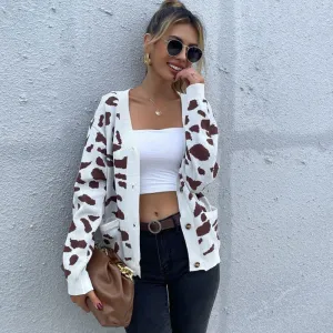 Stylish Khaki Leopard Print V Neck Drop Shoulder Button Up Cardigan