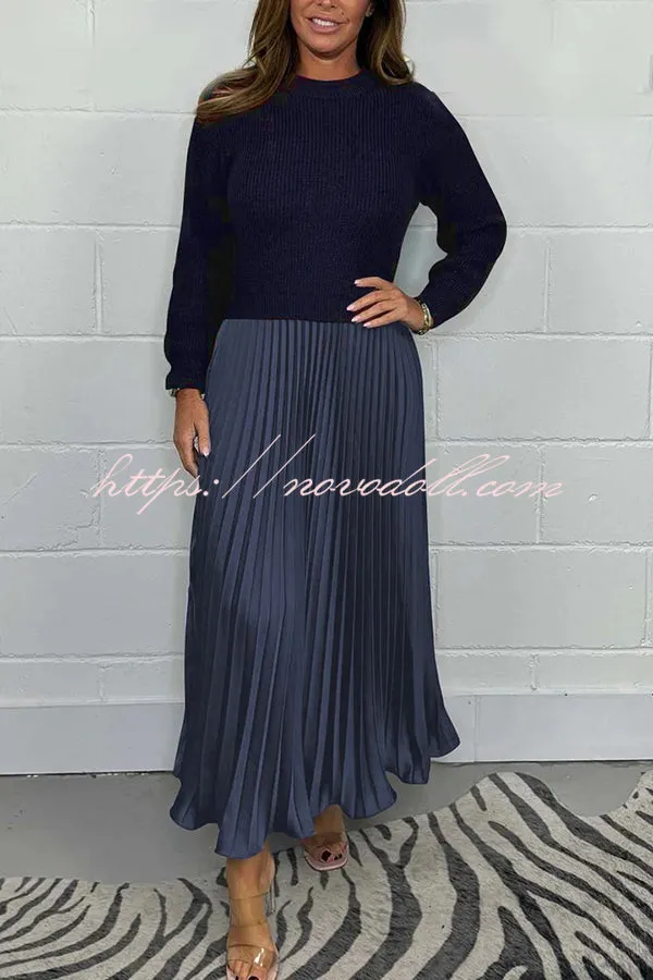 Stylish Knitted Round Neck Long Sleeve Patchwork Pleated Hem Maxi Dress