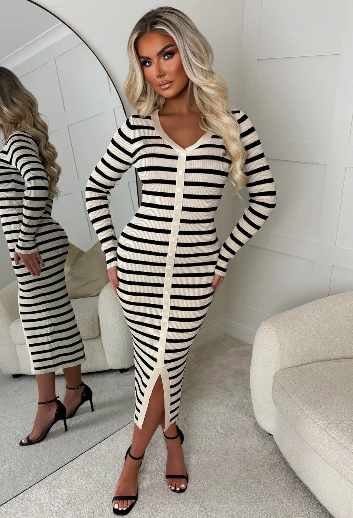 Sugar Rush Beige Striped Knitted Midi Dress