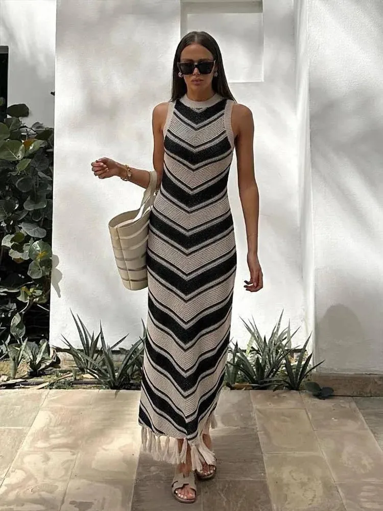 Summer Knitted Tassel Striped Bohemian Stylish Maxi Dress