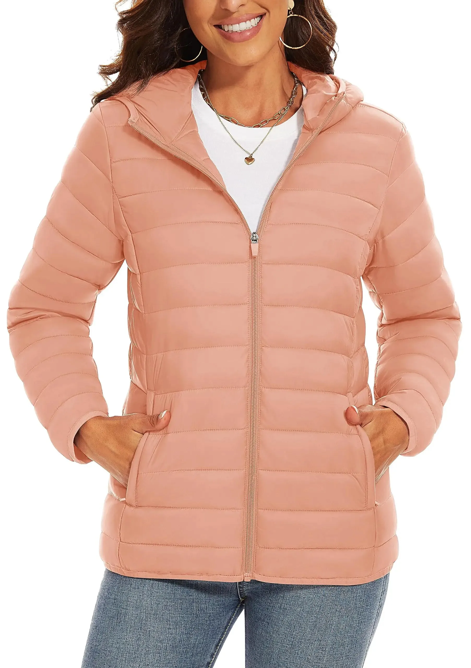 TACVASEN Full Zip Up Hooded Puffer Jacket Womens Winter Quilted Warm Coats Casual Windbreaker Padded Lightweight Outdoor Outwear