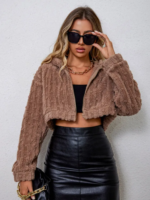 Teddy Bear Faux Fur Zip-Up Plush Hoodie | Crop Jacket