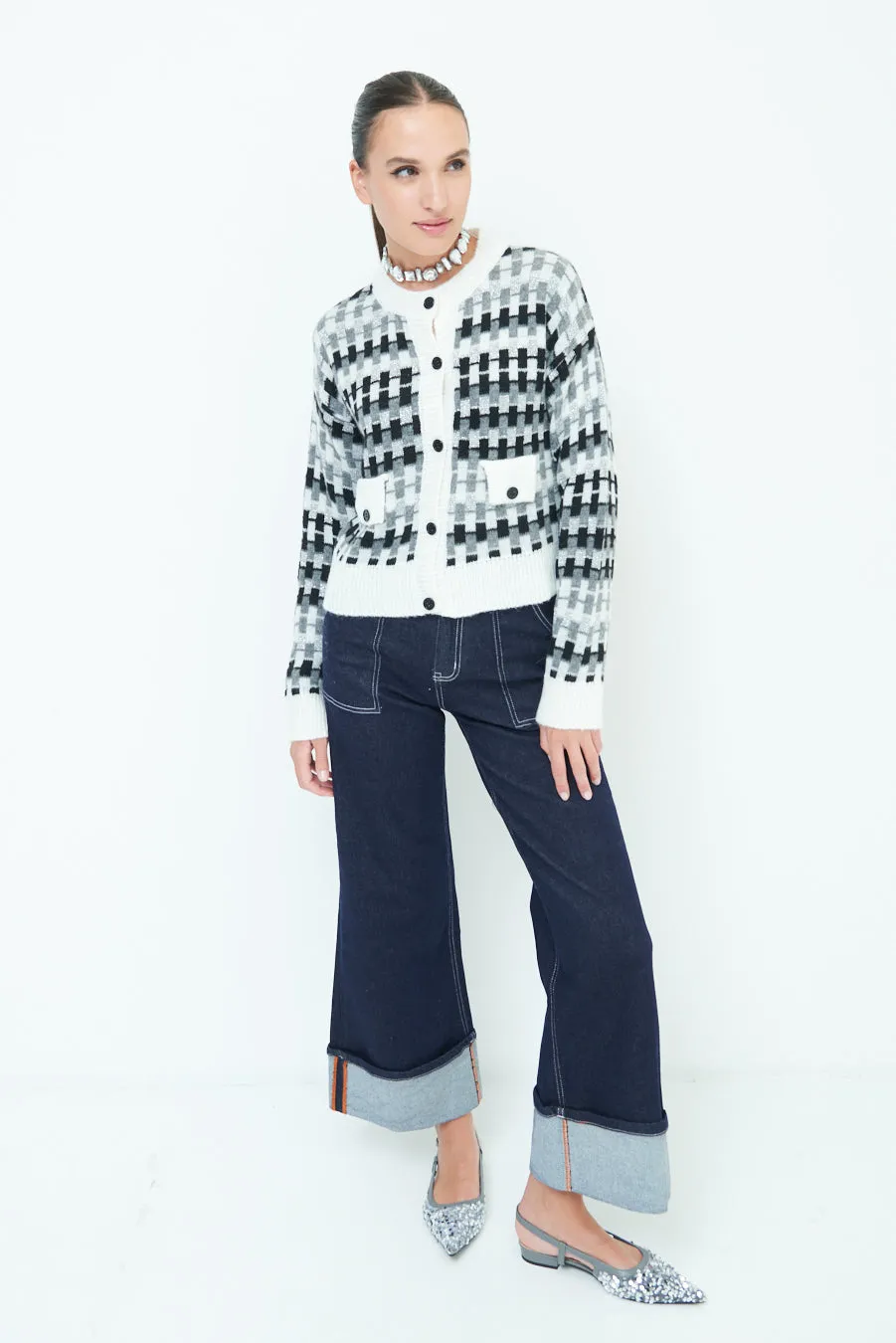 Trendy checkered knit cardigan wholesale