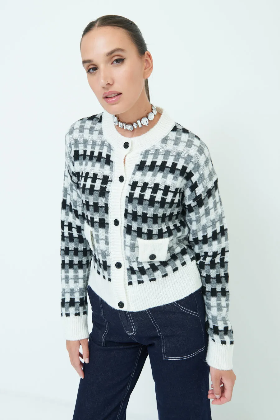 Trendy checkered knit cardigan wholesale