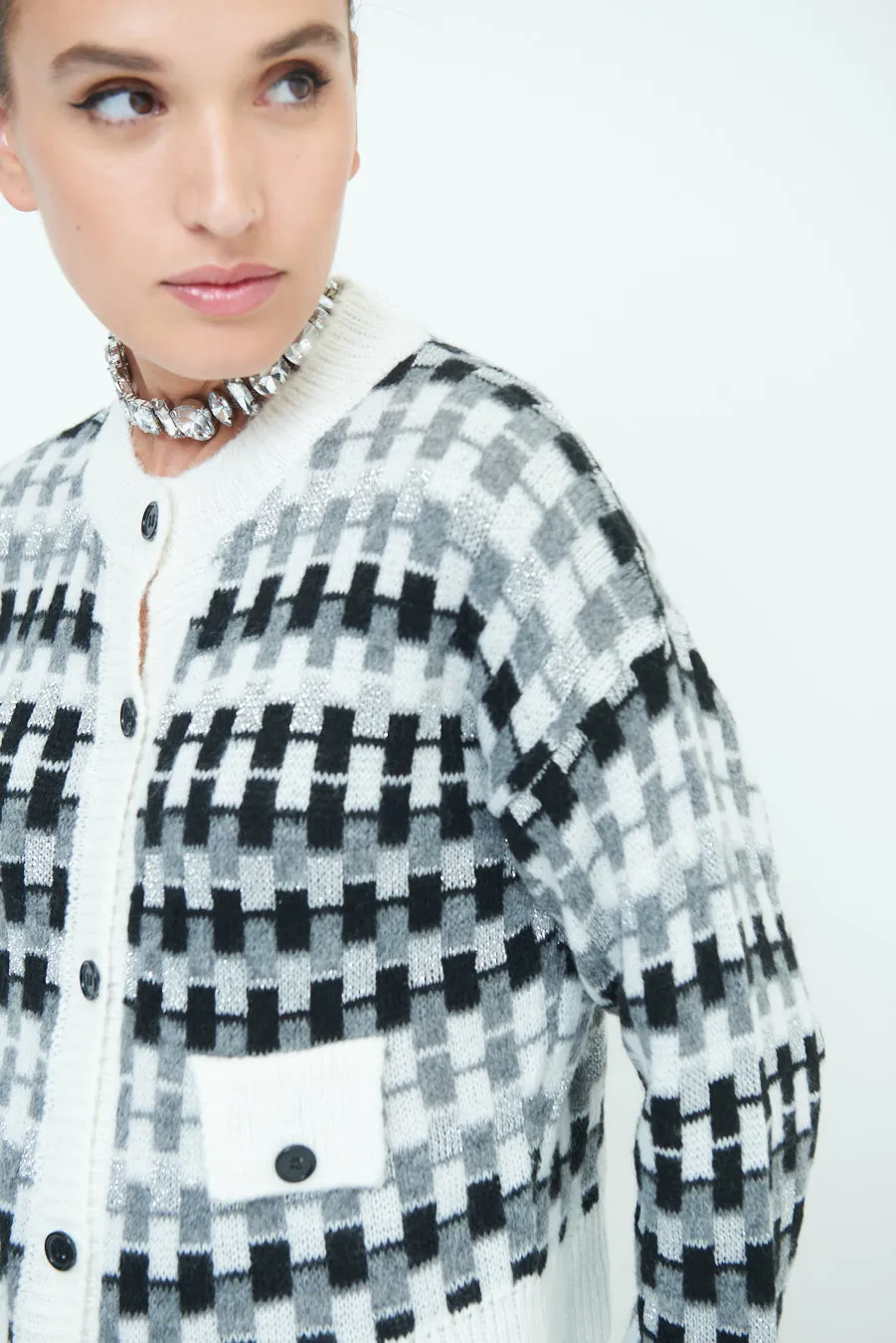 Trendy checkered knit cardigan wholesale