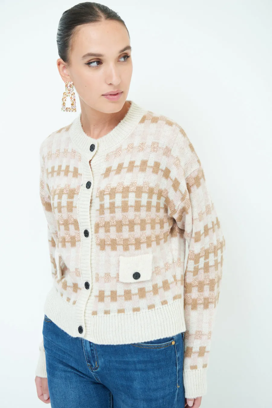 Trendy checkered knit cardigan wholesale