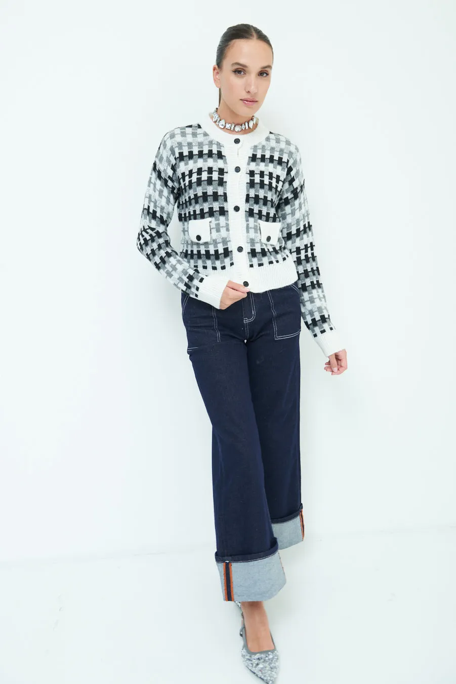 Trendy checkered knit cardigan wholesale