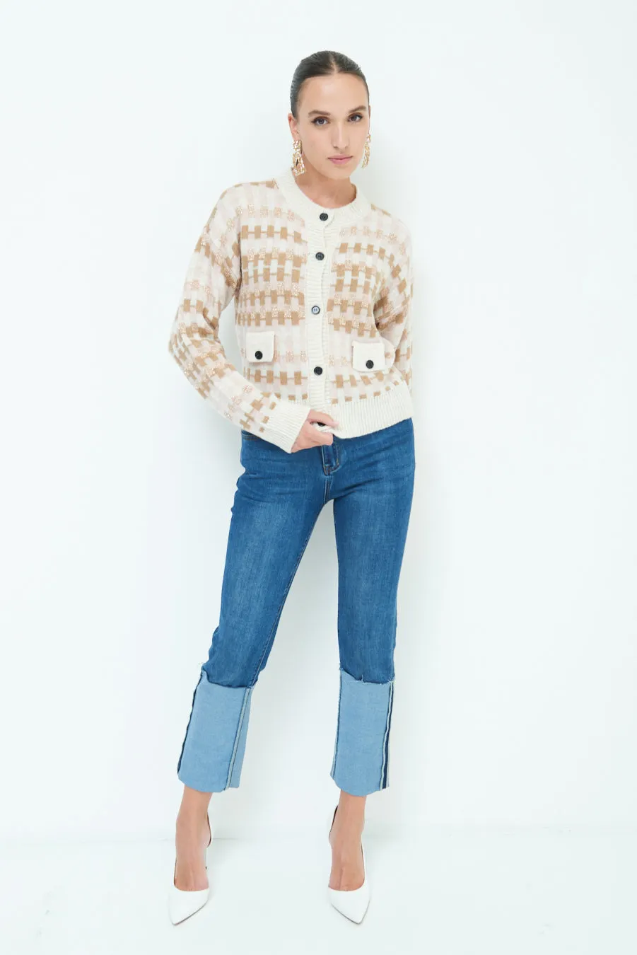 Trendy checkered knit cardigan wholesale