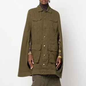 Vintage Oversized Single Breasted Cargo Pocket Long Cape Distressed Denim Coat