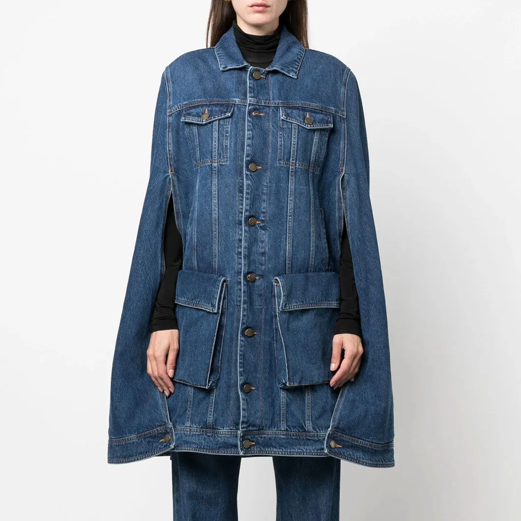 Vintage Oversized Single Breasted Cargo Pocket Long Cape Distressed Denim Coat