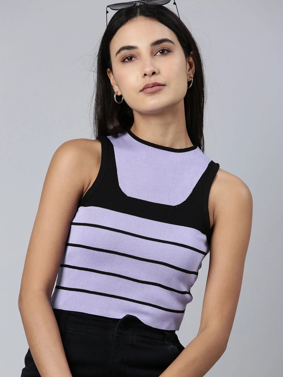 Women Lavender Striped Tank Crop Top