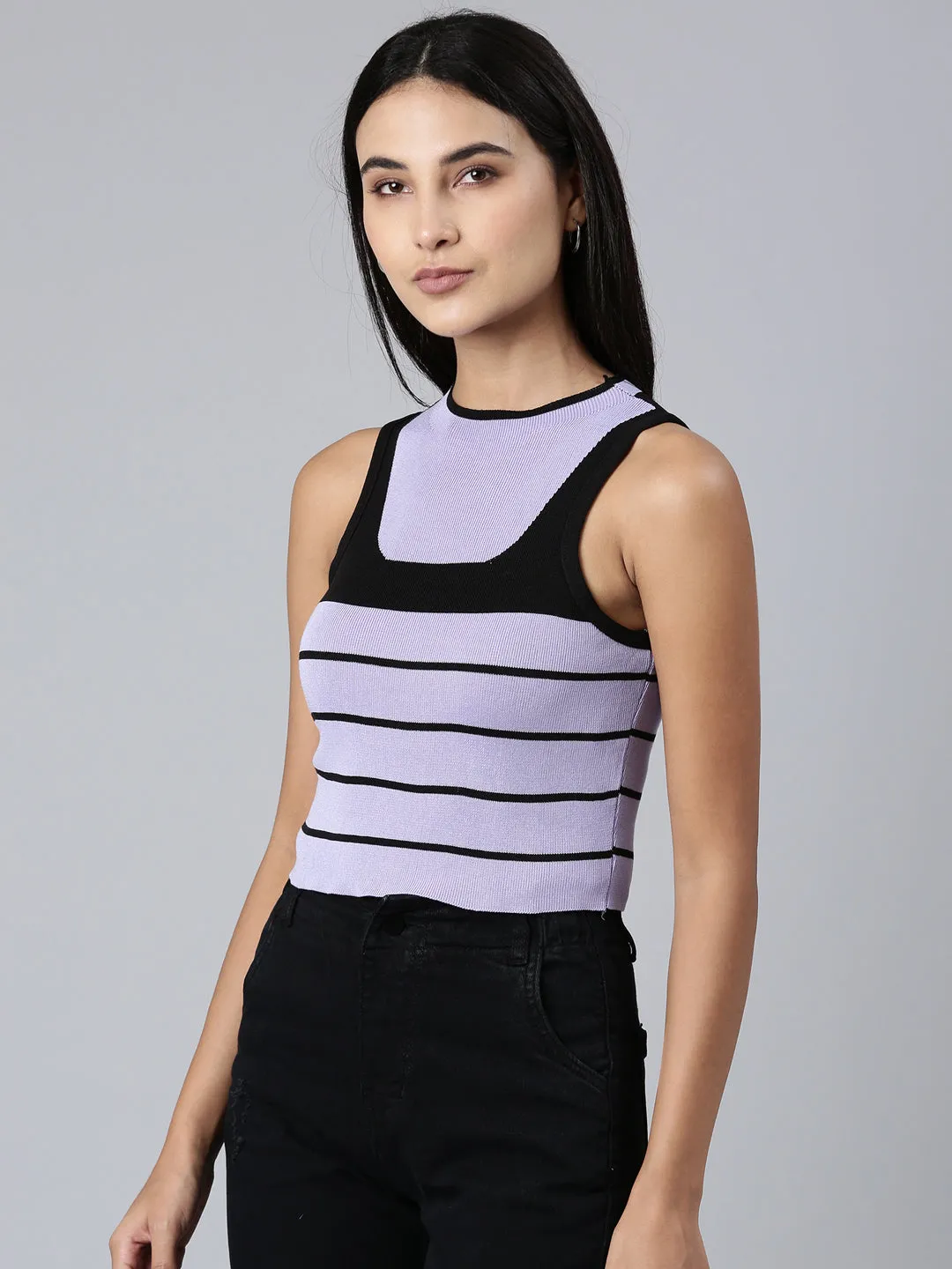 Women Lavender Striped Tank Crop Top