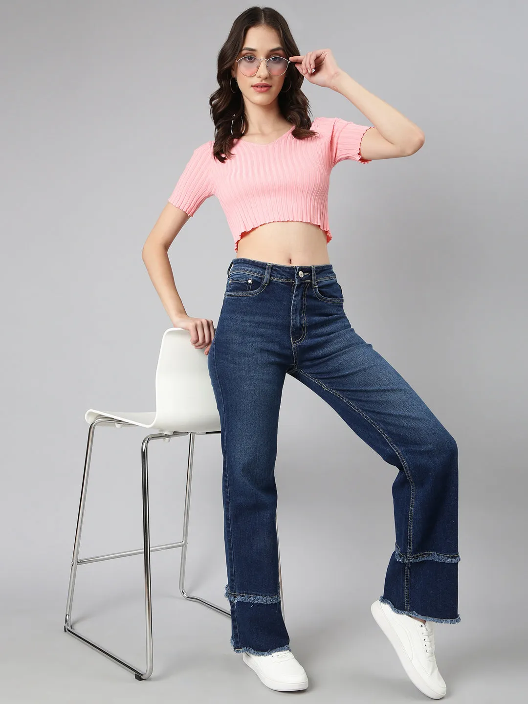 Women Pink Solid Crop Top