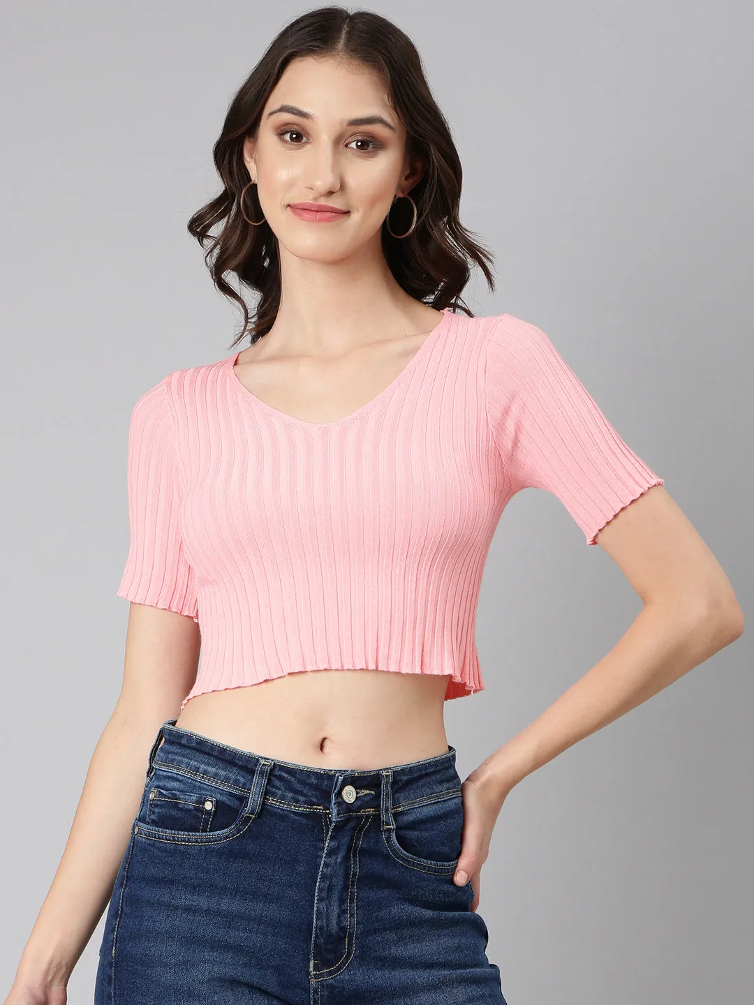 Women Pink Solid Crop Top