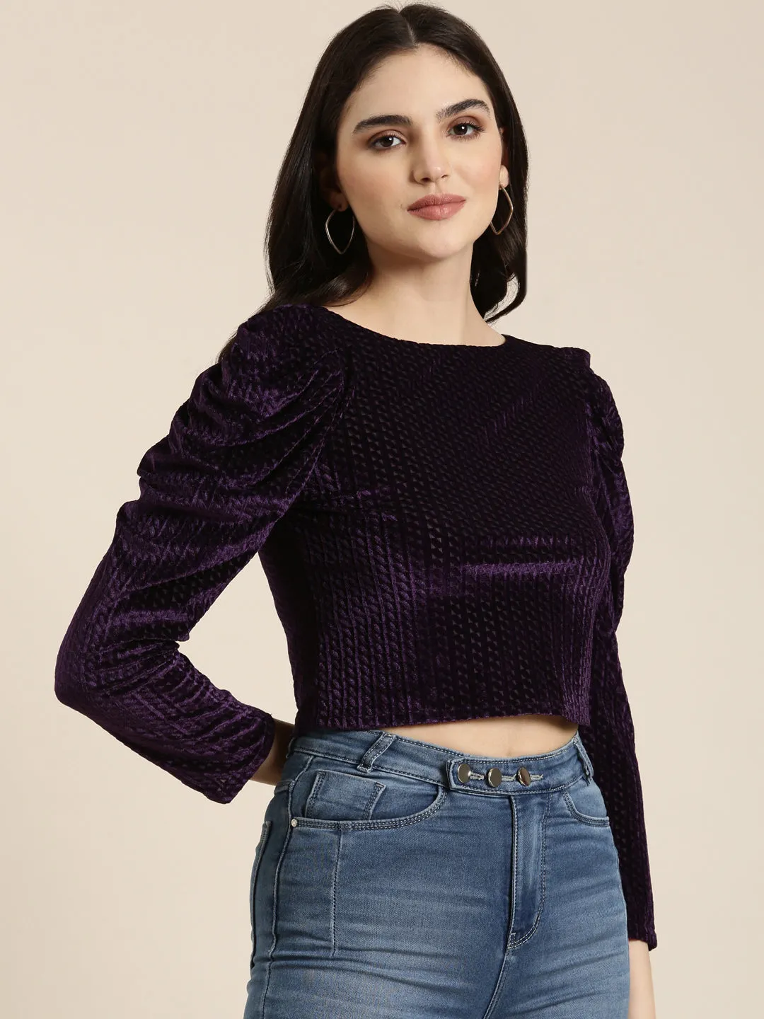 Women Purple Solid Crop Top