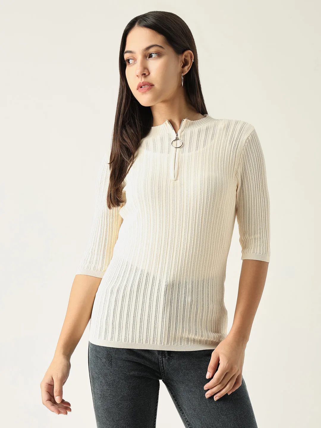 Women Solid Cream Fitted Top