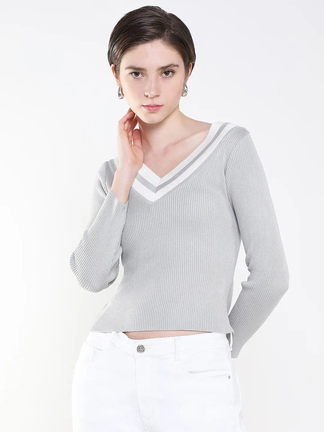 Women Solid Grey Fitted Top