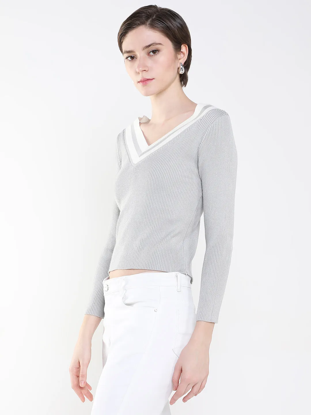 Women Solid Grey Fitted Top