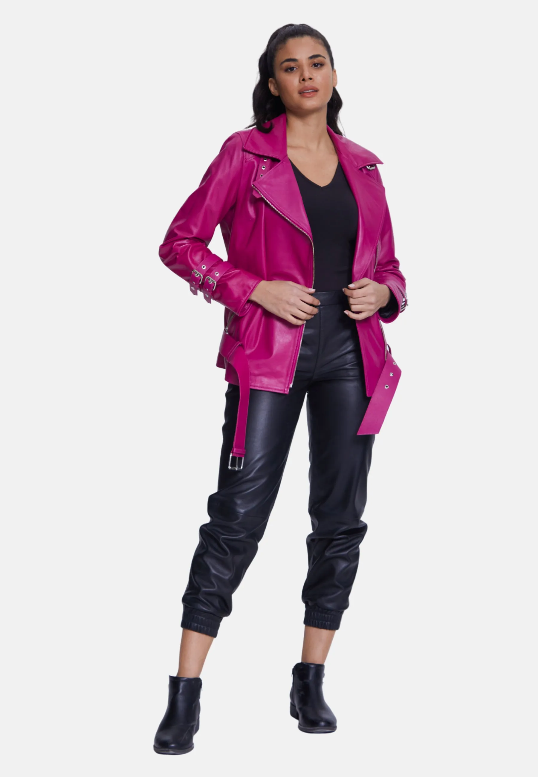 Women's Genuine Leather Belted Biker Jacket,Nappa Fuchsia