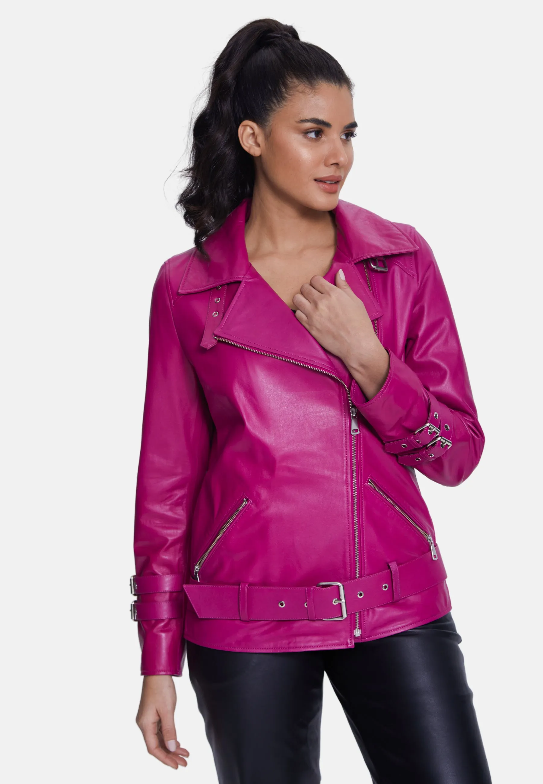 Women's Genuine Leather Belted Biker Jacket,Nappa Fuchsia