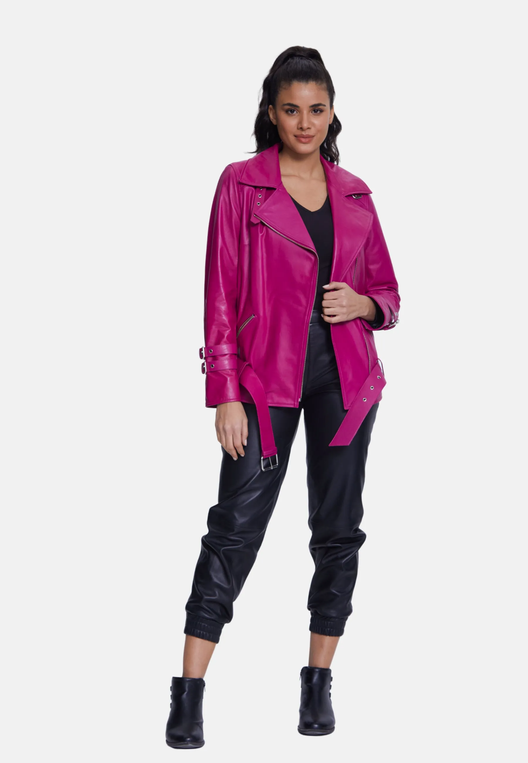 Women's Genuine Leather Belted Biker Jacket,Nappa Fuchsia