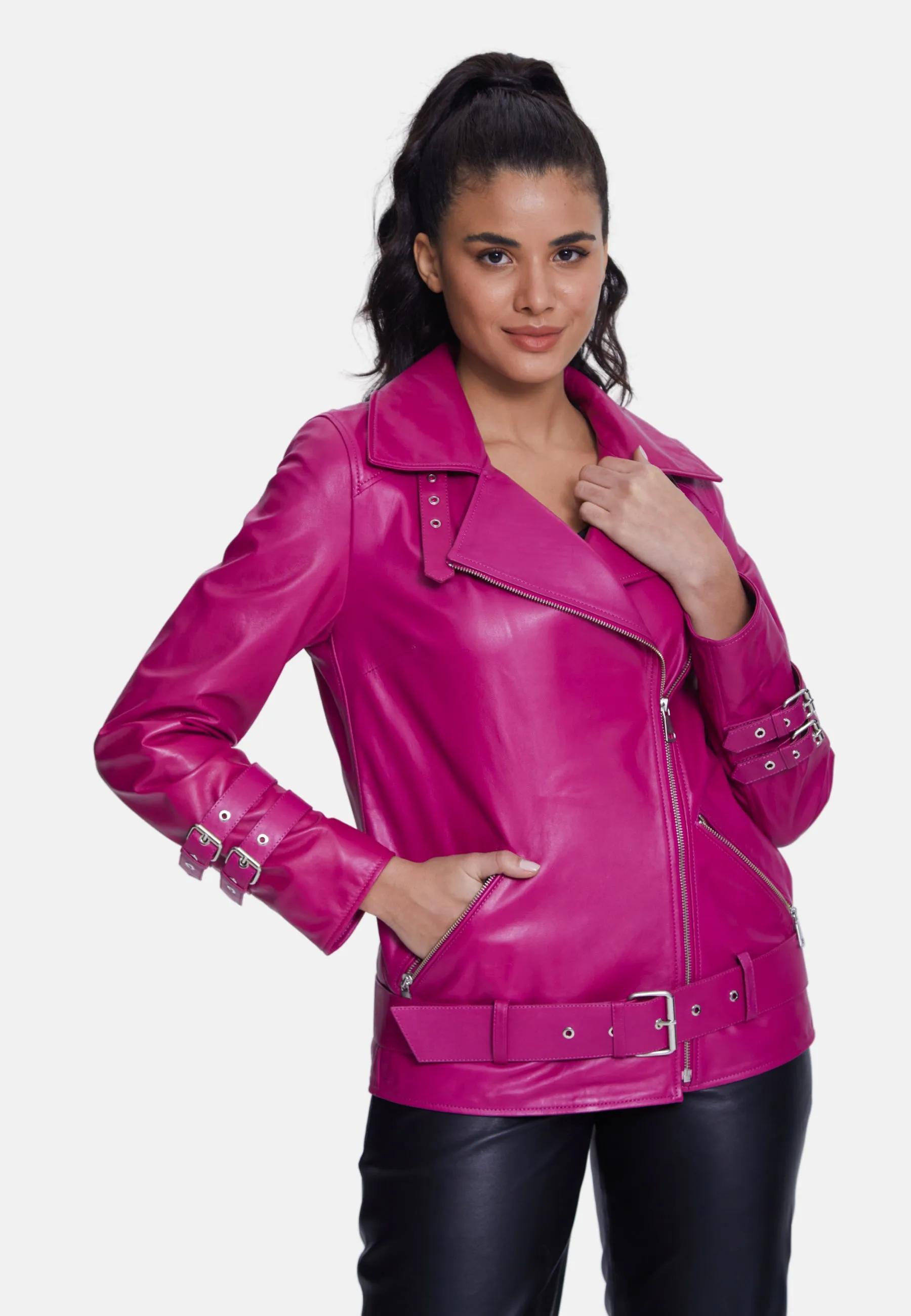 Women's Genuine Leather Belted Biker Jacket,Nappa Fuchsia