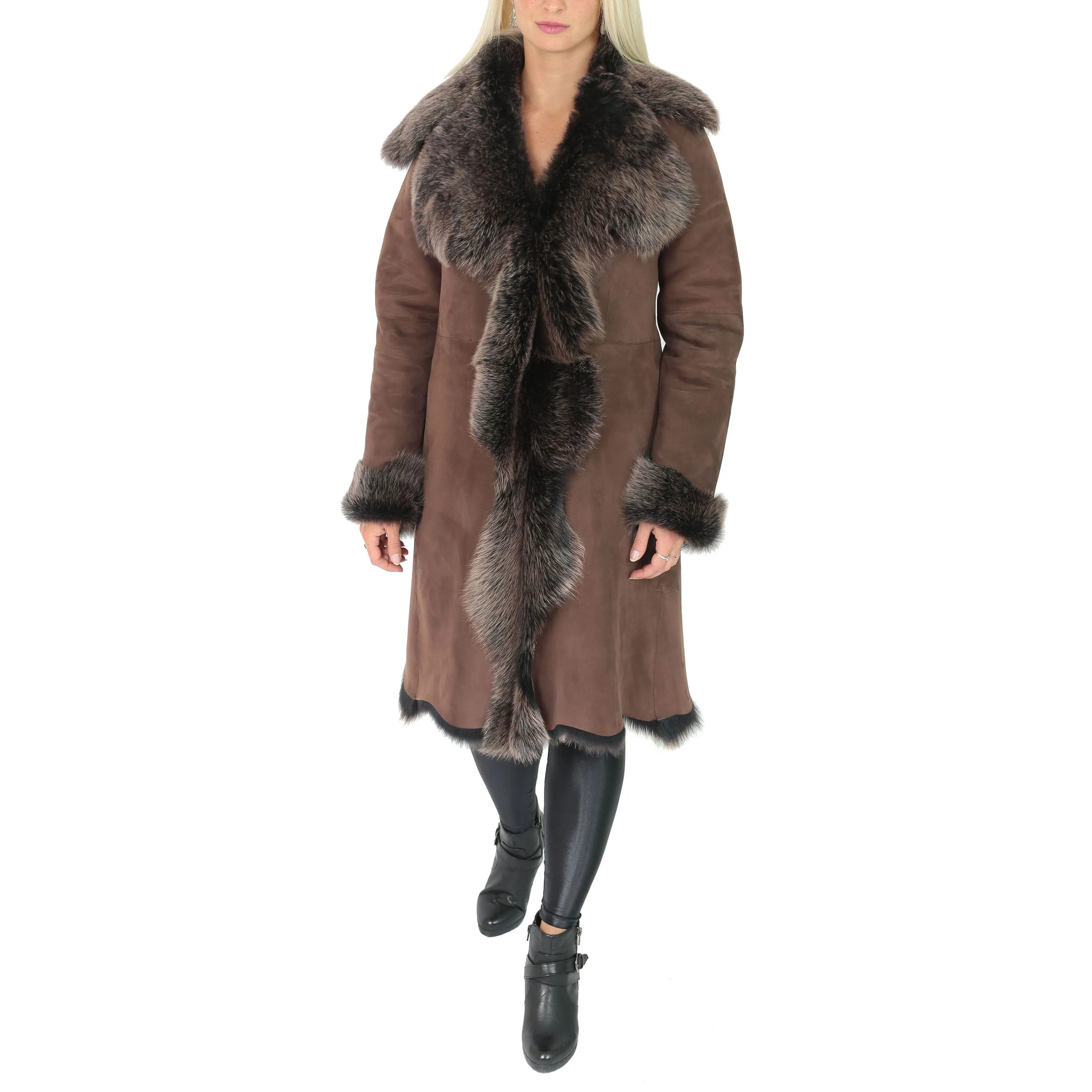 Womens Luxurious Toscana Long Coat Real Sheepskin Pamela Brown Gold