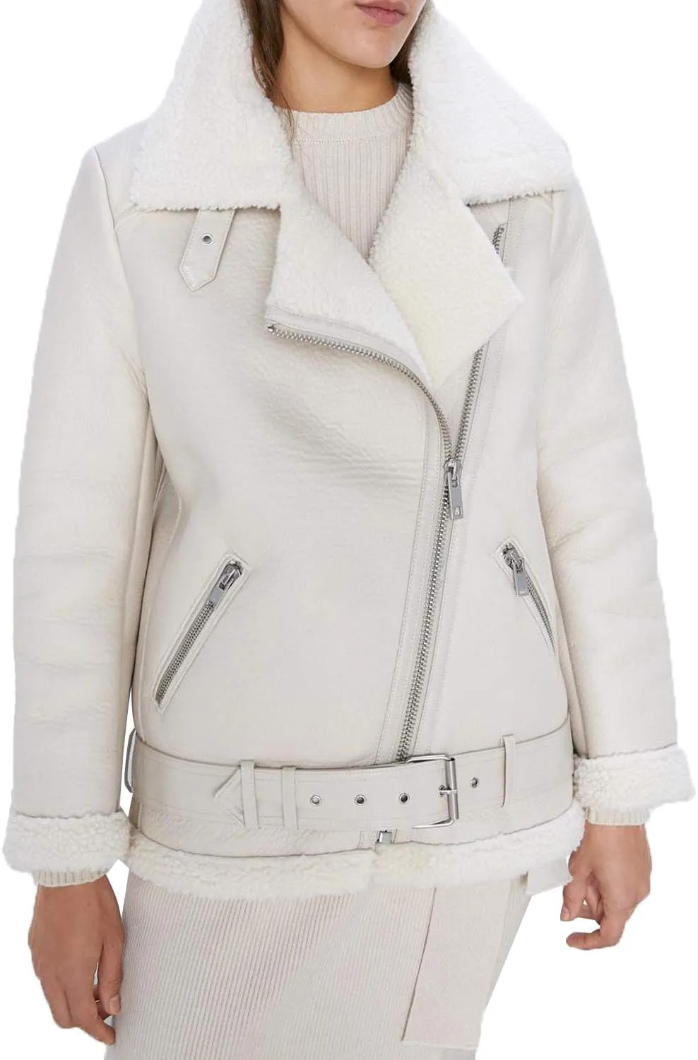 Women's Soft Beige Faux Leather Shearing Moto Jacket