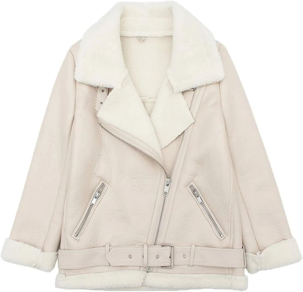 Women's Soft Beige Faux Leather Shearing Moto Jacket