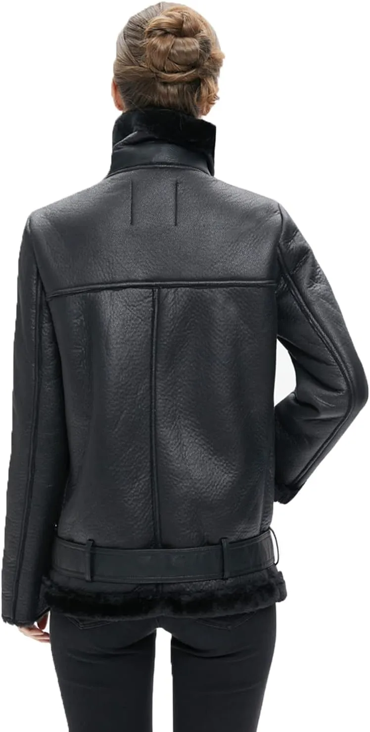 Women's Soft Black Faux Leather Shearing Moto Jacket