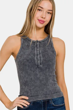 Zenana Washed Ribbed Half Snap Seamless Tank